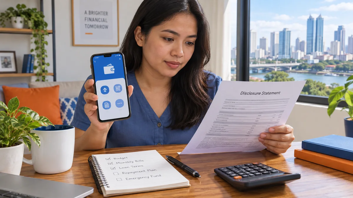 Borrower checking an e-wallet payout method and loan disclosure